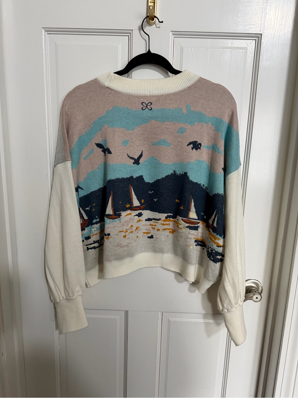 NWOT Anthropologie Maeve Nautical Scene Coastal Lighthouse Cropped Sweater Sz M - Picture 6 of 7